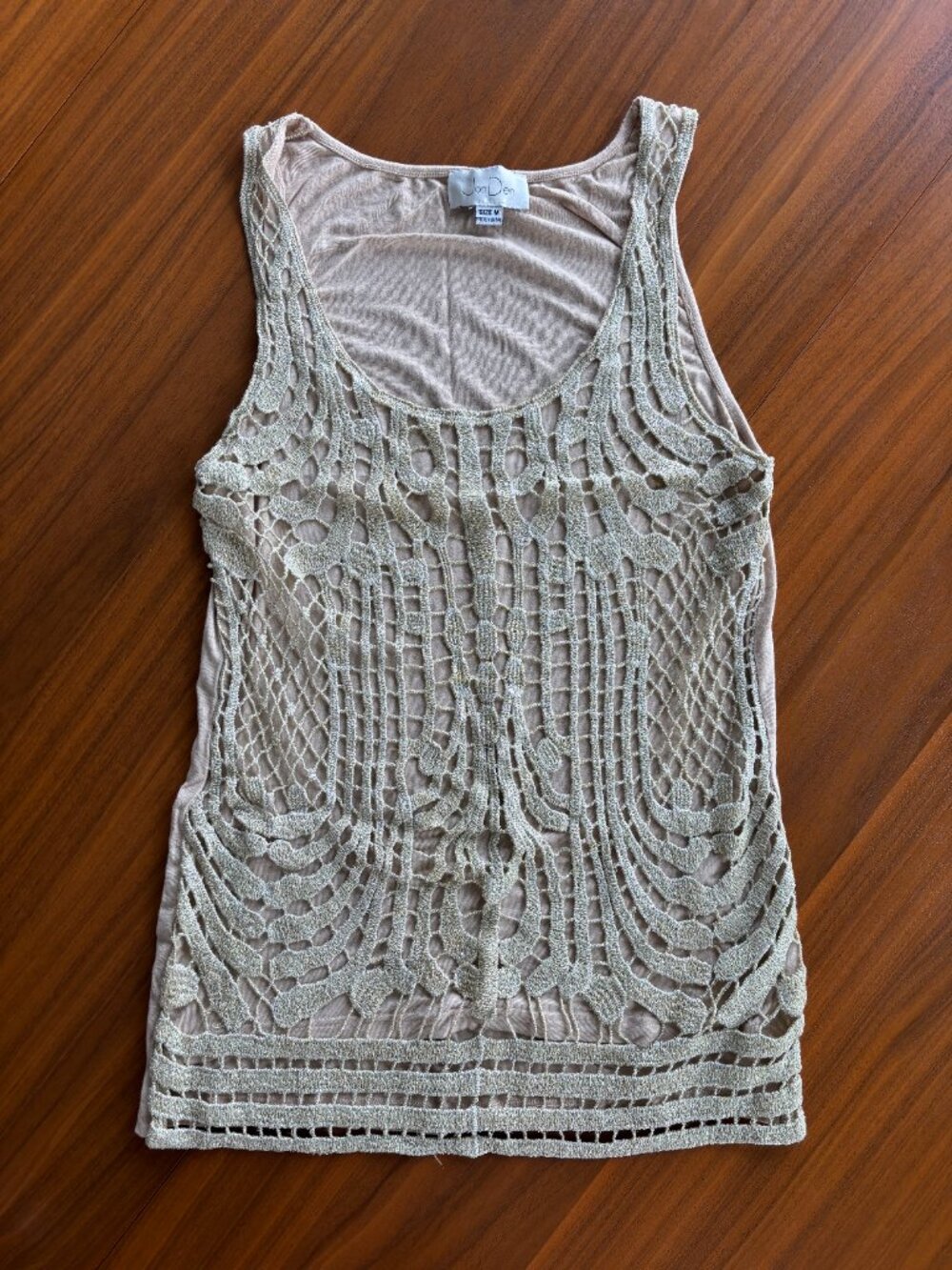 2000s Jon Den Metallic‎ Gold Crochet Overlay Knit Tank Top Summer Glam Medium